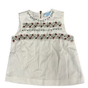 Draper James Croquette Embellished White Sleeveless Tank Floral Beaded Zip Up‎